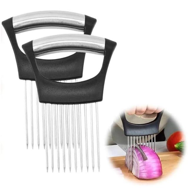 Onion Holder for Slicing, Stainless Steel Onion Slice Holder Vegetable Slicer Cutter, Lemon Slicer Vegetable Cutter, Kitchen Chopper Slicing Assistant Tool for Onion Lemon Potato and Tomato (2pcs)