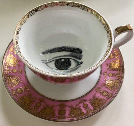 FREE SHIPPING - Pink & Gold Eye Teacup, Halloween Teacup, 8 ounces, Stunning Raised Gold