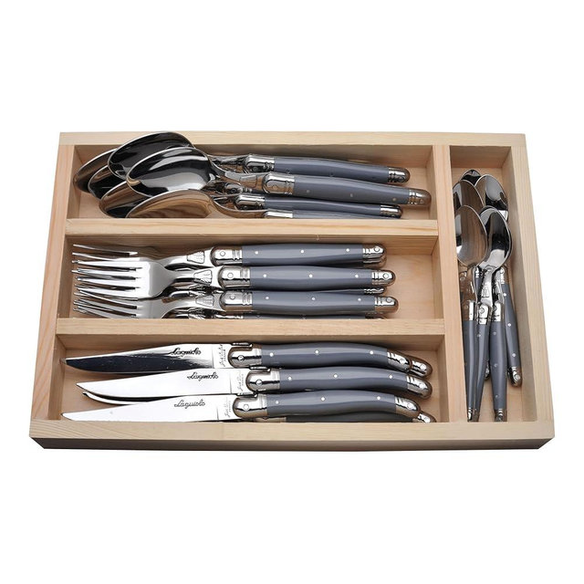 Jean Dubost Laguiole 24-Piece Everyday Flatware Set, Gray Handles - Rust-Resistant Stainless Steel - Includes Wooden Tray - Made in France