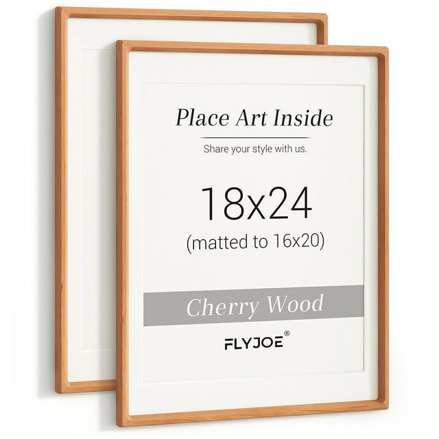 18 x 24 Poster Frame Set of 2, USA-Sourced Cherry Wood Picture Frame with Tempered Glass, Handcrafted Rounded Corner 18x24 Wooden Frame Matted to 16x20 Photos, Horizontal or Vertical Wall Mounting