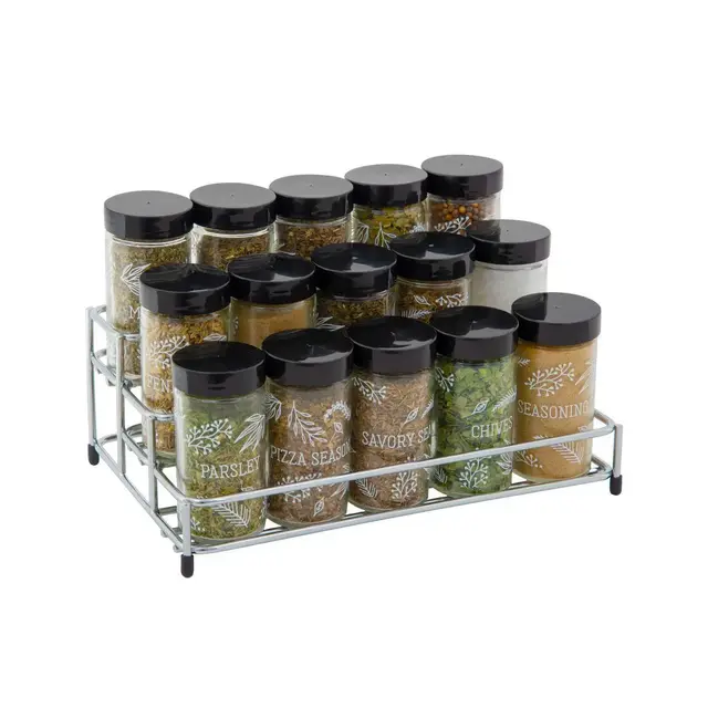 Kamenstein 15pc Jar Lincoln Step Spice Rack: Metal Seasoning Organizer with Spice Jars, Kitchen Storage, Black/Silver