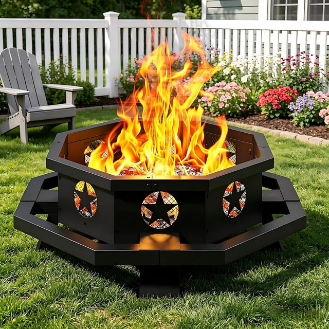 Auhilence 43 inch Large Fire Pit, Outdoor Fire Pit with Heavy Duty Construction, Wood Burning Fire Pits for Outside Octagonal Firepit for Camping, Backyard, Patio, Black