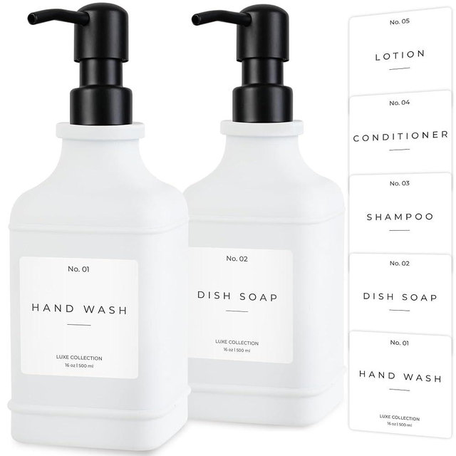 Emerson Essentials Glass Soap Dispenser Set – 16 oz 2-Pack – Refillable Dish & Hand Soap Dispensers for Kitchen or Bathroom – Stainless Steel Pump & Waterproof Labels Included