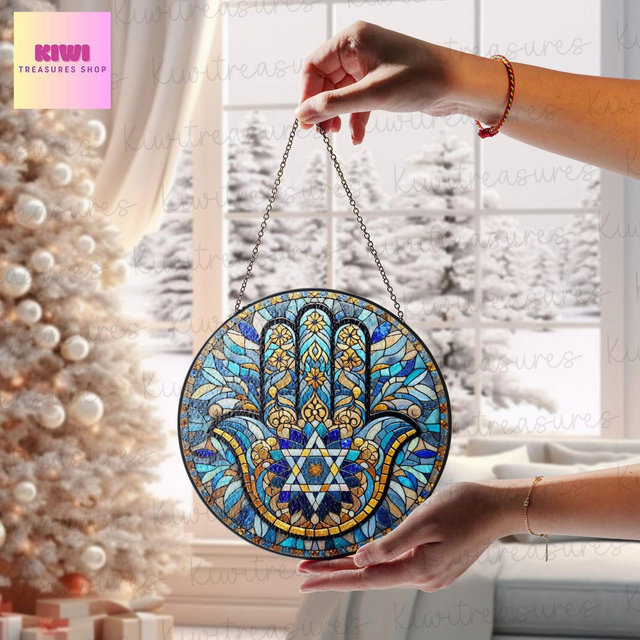 Hamsa Hand Star of David Glass Suncatcher: Jewish Window Ornament