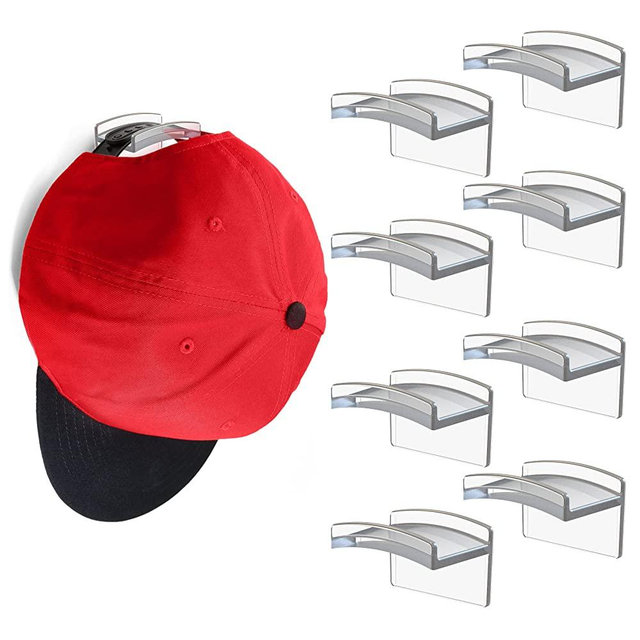 Modern JP Adhesive Hat Hooks for Wall (8-Pack) - Minimalist Hat Rack Design, No Drilling, Strong Hold Hat Hangers - U.S. Patent Pending, Clear