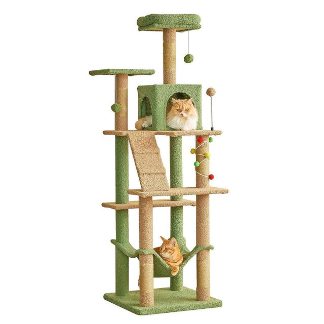 MWPO 63.8 Inches Green Cat Tree for Indoor Cats, Multi-Level Cat Tower with Sisal-Covered Scratching Posts, Padded Platform, Hammock, Dangling Toys, Stable Cat Condo Pet Play House