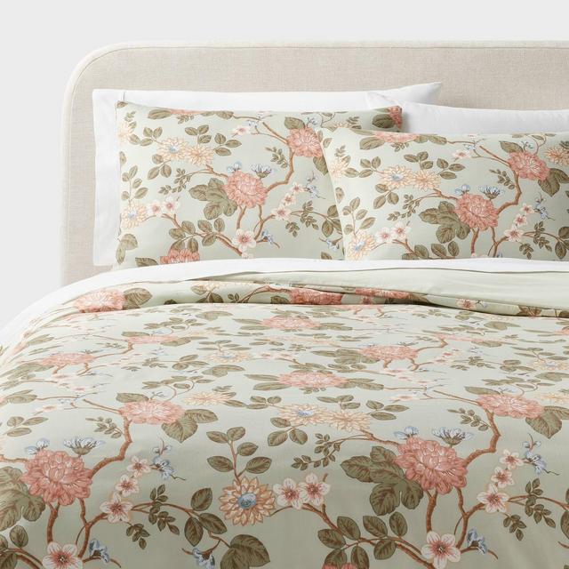 Full/Queen Floral Print Duvet and Sham Set Light Sage Green/Light Pink/White - Threshold™