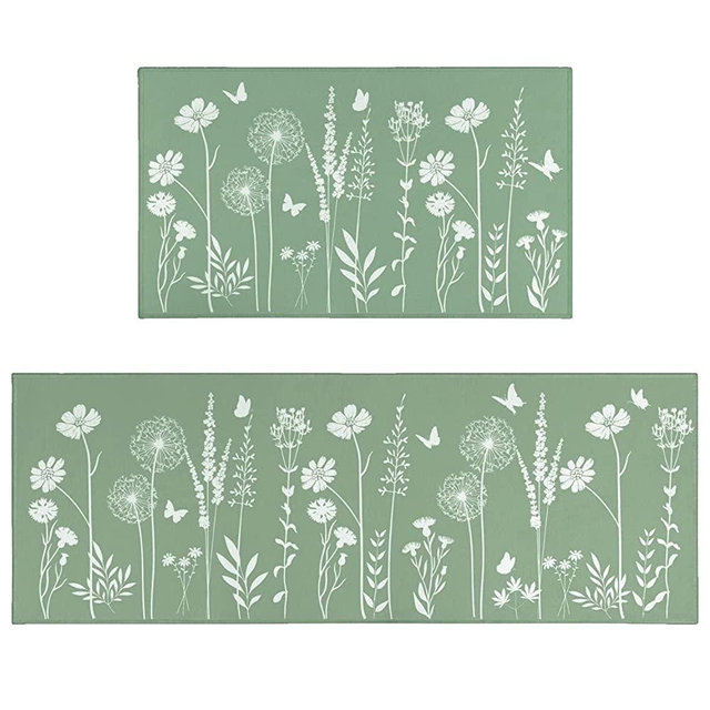 Sage Green Kitchen Mat Rug Set of 2- Plant Floral Butterfly Kitchen Rugs with Runner Kitchen Decor Accessories Things, Kitchen Rug Mat- Leaves Rugs for Home Kitchen Large- 17x24 and 17x48 Inch