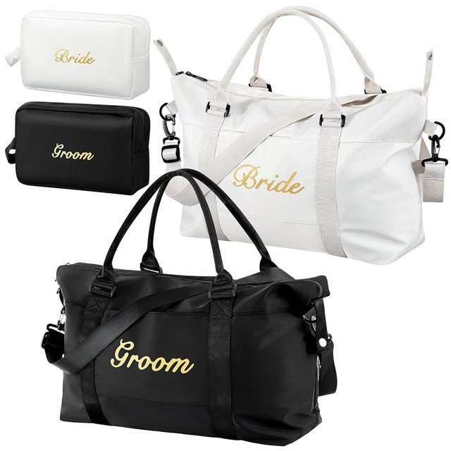 Sanwuta 4 Pcs Wedding Bride Groom Duffel Bag Set Honeymoon Travel Bags with Toiletry Pouches Weekender Gym Tote for Couple His Hers Gifts