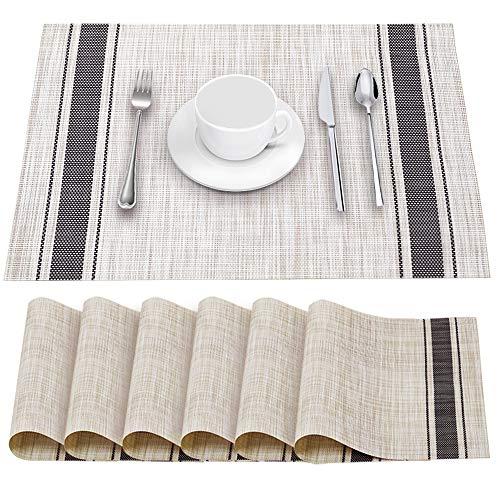 YOSICHY Table Mats Set of 6 Crossweave Woven Vinyl Placemats Heat Resistant Non-Slip Kitchen Placemats for Dining Table Washable Easy to Clean(Grey)