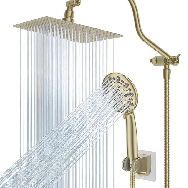 Hibbent All Metal Shower Head, 10'' High Pressure Rainfall Shower Head/Handheld Showerhead Combo with 12'' Adjustable Curved Shower Extension Arm, 7-Spray, 71'' Hose, Showerhead Holder, Brushed Gold