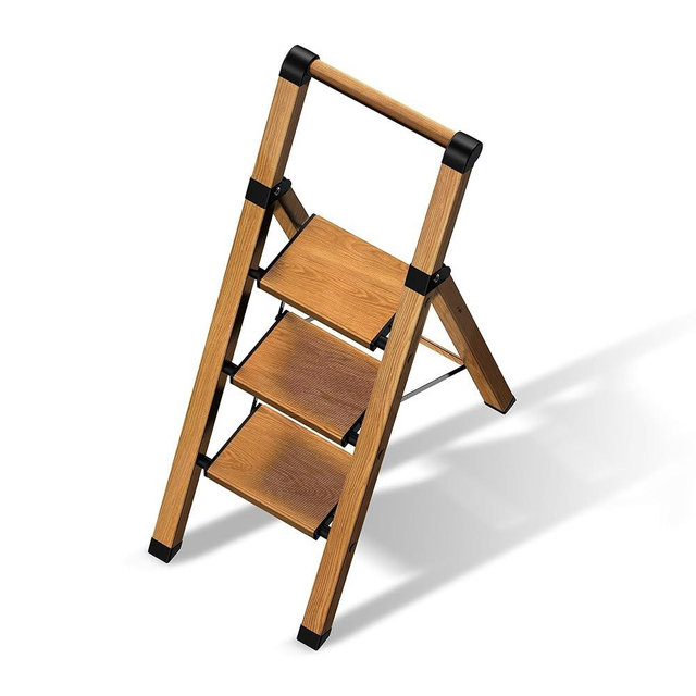 BEFITMACE 3 Step Ladder,Folding Step Stool with Aluminum Wide Pedal& Convenient Handgrip,330lbs Capacity Steel Ladder for Household and Office(Woodgrain)