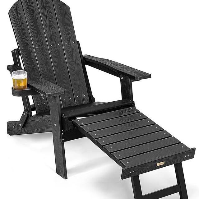 Osoeri Folding Adirondack Chair, Outdoor Patio Firepit Chairs, Sturdy Outside Weather Resistant Lawn Chair, Quick Foldable Pool Side Chair with Cup Holder for Yard, Garden, Patio (with Footrest)