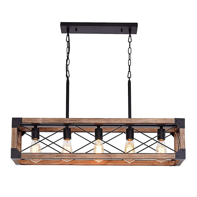 Airposta Kitchen Island Lighting, 33.5-Inch 5 Lights Farmhouse Linear Chandelier for Dining Room Pool Table Pendant Light Fixture, Rustic Wood Grain Finish, Industrial Pendant Light