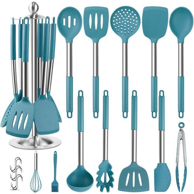 Silicone Kitchen Cooking Utensil Set, EAGMAK 14PCS Stainless Steel Silicone Kitchen Utensils Spatula Set with Stand for Nonstick Cookware, BPA Free Non Toxic Silicone Cooking Utensils (Blue)