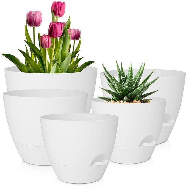 QRRICA Plant Pots 10/9/8/7.5/7 Inch Self Watering Pots, Set of 5 Plastic Planters with Drainage Holes and Saucers,Plastic Flower Pots,Nursery Planting Pot for Indoor Out Door Plants(Pure White)