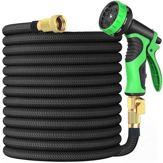 Expandable Garden Hose 100 ft with 10 Function Nozzle Sprayer, Lightweight Flexible Water Hose with Durable Collapsible Latex Core & Solid Brass Fittings, 100ft Retractable Stretch Hose, Black