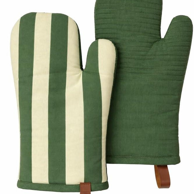 Folkulture Oven Gloves - Set of 2 (12"x5.5") | Cute Striped Oven Mitts with Hanging Loop for Cooking Gifts for Women, Kitchen Decor| 100% Cotton, Silicone Heat Resistant, House Warming Gifts (Matcha)