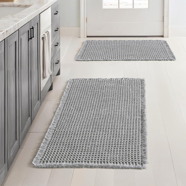 MIULEE Set of 2 Waffle Bathroom Rugs, Boho Bath Rugs Non Slip Washable, Super Absorbent Bath Mats, Ultra Soft Rubber Backed Shower Mats for Bathroom Floor, Tub and Shower, Light Grey, 17x24 Inch