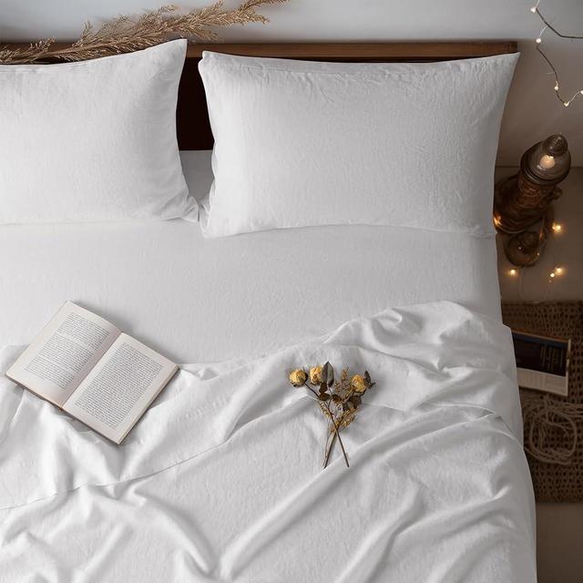 LBR02M 100% Linen Sheet Set Queen Size,Bed Sheets 4 Piece Sets,Solid Color Natural Flax Cotton Blend Soft Breathable Bedding,16 inches Deep Pocket,All Season (White)