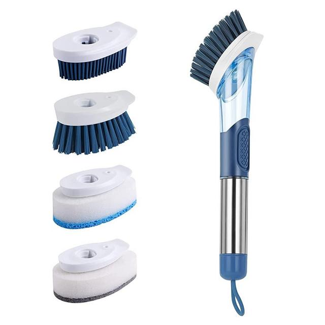 SetSail Soap Dispensing Dish Brush with Stainless Steel Handle Soap Control Dishwand Brush Kitchen Scrub Brush with 4 Replacement Heads Kitchen Cleaning Brush for Sink Pot Pan