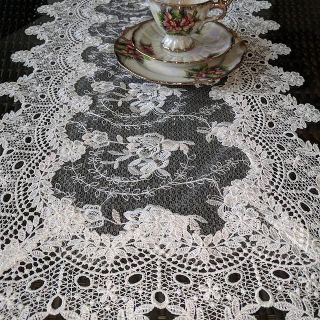 35" Antique Rose Sheer Dresser Scarf Table Runner Doily Ivory Victorian Lace Vintage