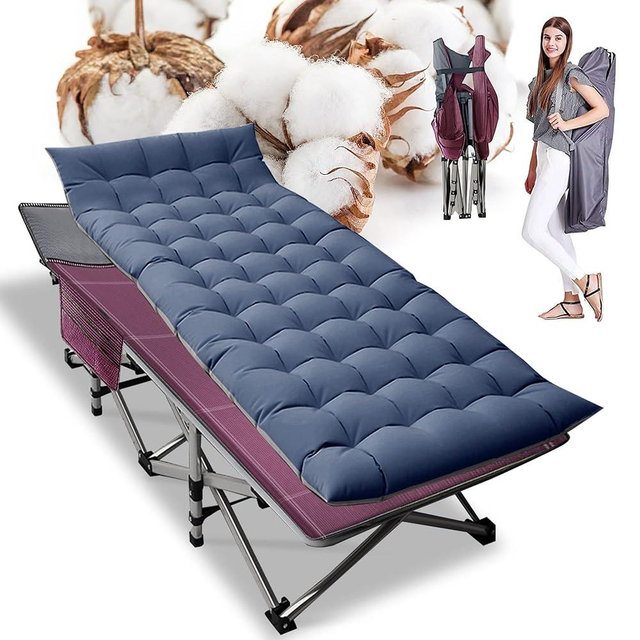ABORON Folding Camping Cot W/Mat for Adults, Heavy Duty Outdoor Bed with Carry Bag,1200 D Layer Oxford Travel Camp Cots (1, Red Stripe with Blue Pad)