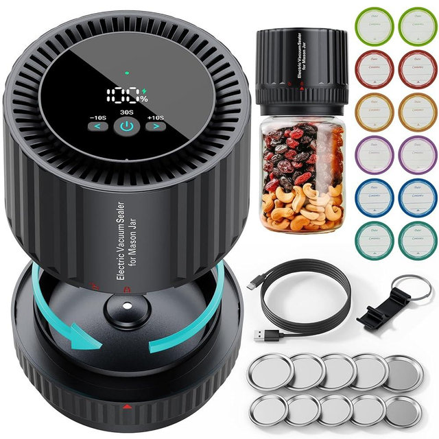 2025 Latest Updated Electric Mason Jar Vacuum Sealer Kit, Firm Sealing & Anti-Slip, Bonus Lips*12 & Labels*12, One Button Start Easy to Operate, for Wide Mouth or Regular Mouth of Mason Jars