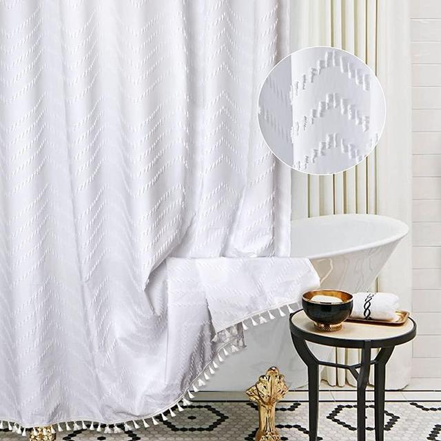 Siiluminisoy Extra Long White Boho Shower Curtain with Tassel, Woven Fabric 84 in Shower Curtain, Tufted Chevron Striped, 72 x 84, Modern Chic Textured Minimalist Bathroom Shower Curtain