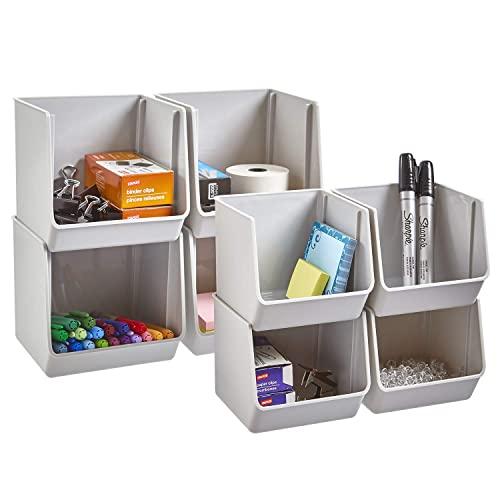 STORi Plastic Stacking Organizer Bins for Office, Pantry, and Bath | Set of 8 in 2 Sizes | Gray