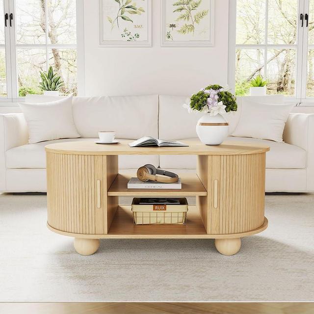 Rectangle Coffee Table, Mid-Century Modern Coffee Table with Storage & Sliding Doors, Fluted Coffee Table Center Table for Living Room, Dining Room, Apartment, Home Office (Natural)