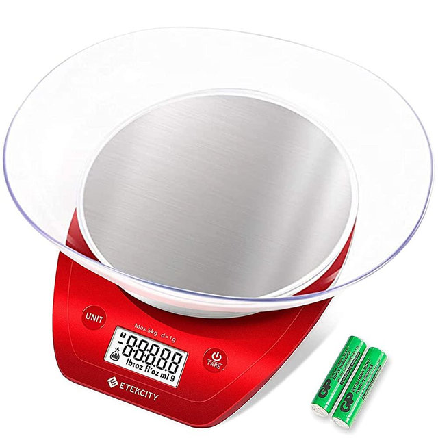 Etekcity Food Scale with Bowl, Digital Kitchen Weight Grams and Ounces for Cooking and Baking, 0.1g Increment, Large Backlit Display, Red/Stainless Steel