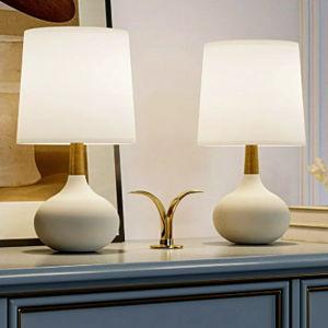 Set of 2 Modern 14" Ceramic Table Lamps - White Base with Fabric Shade, Small Nightstand Lamps for Bedroom and Living Room