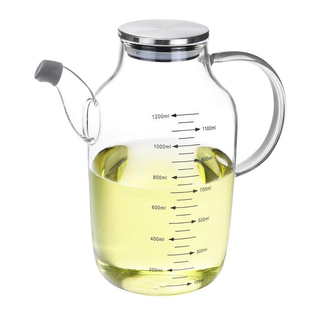 QWORK 1200ML/40Oz Large Glass Cooking Oil Bottle with Stainless Steel Lid, Oil & Vinegar Dispenser Bottle for Olive Oil, Vinegar, Soy Sauce, Kitchen No Drip Liquid Container