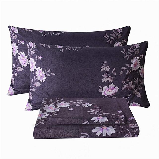 Bedlifes Queen Sheet Set Purple Sheets Ultra Soft Printed Sheets Floral Sheets Deep Pocket Flat Sheet& Fitted Sheet& Pillowcases 100% Microfiber 4 Piece Queen Size Dark Purple Floral