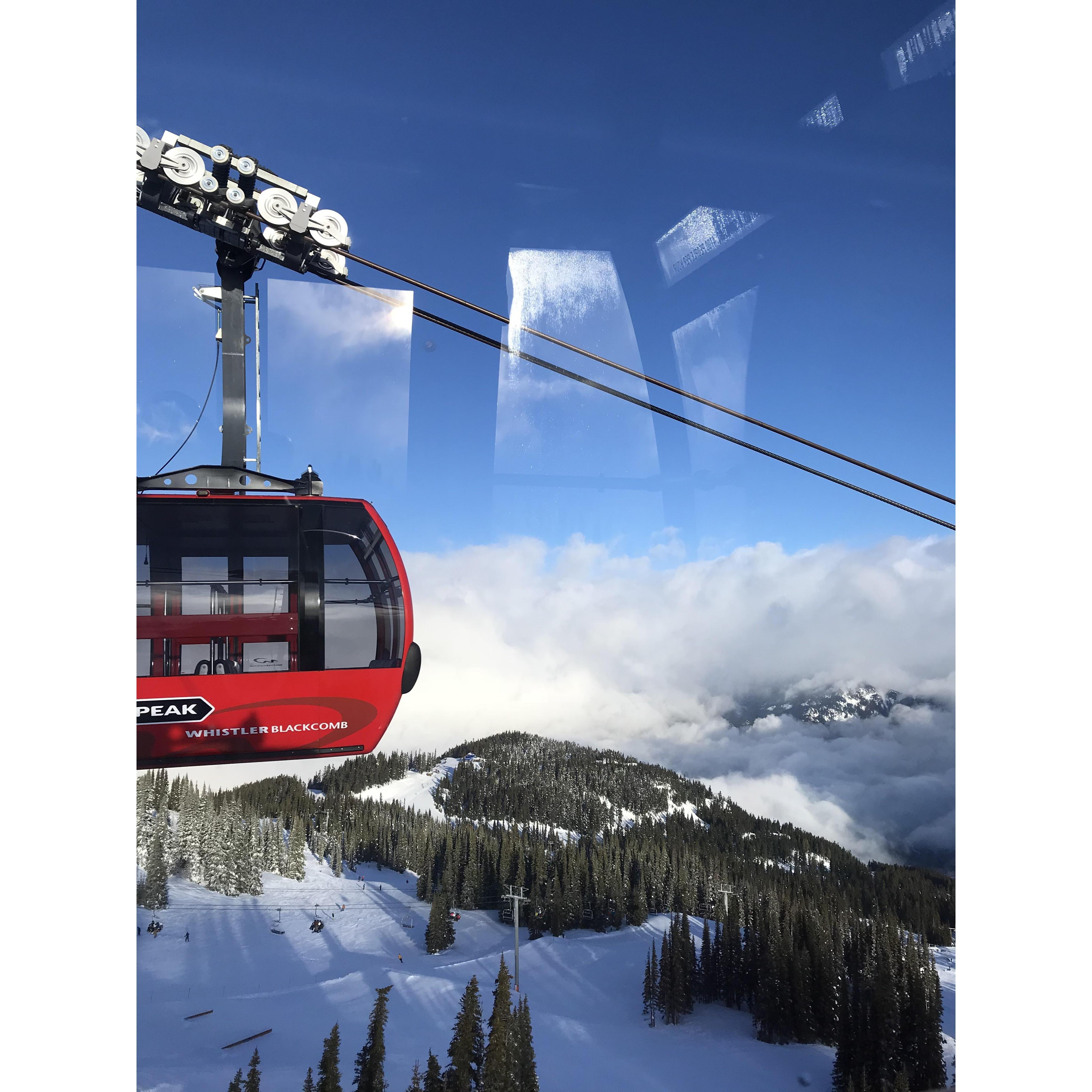 February 2018 - Whistler, British Columbia, Canada. Taking the peak-to-peak gondola. Mallory and Jack skied Whistler Mt. and Blackcomb Mt.