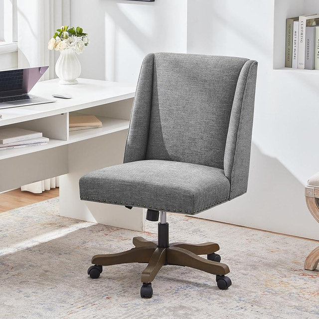 Zihanhome Upholstered Armless Home Office Chair with Wooden Legs, Modern Office Desk Chair No Arms Sewing Chair Adjustable Swivel Desk Chair for Farmhouse Office Study Studio (Dark Gray)