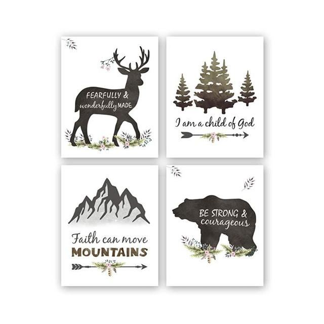 Woodland Inspirational Quote Art Print,Forest Animals Bible Verse Canvas Poster Picture,Set Of 4(8”x10”,Unframed) Watercolor Nursery Wall Art For Kids Room Decor