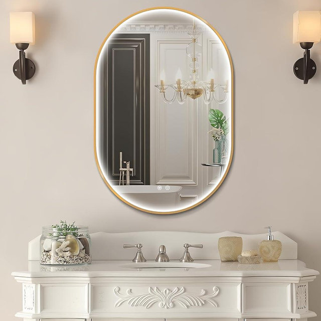 TheiaMo 36"x24" Oval Led Mirror for Bathroom, Gold Metal Framed Lighted Vanity Mirror with Lights, Anti-Fog Light Up Mirror with 3 Colors Dimmable, Frontlit, Shatterproof, Horizontal/Vertical