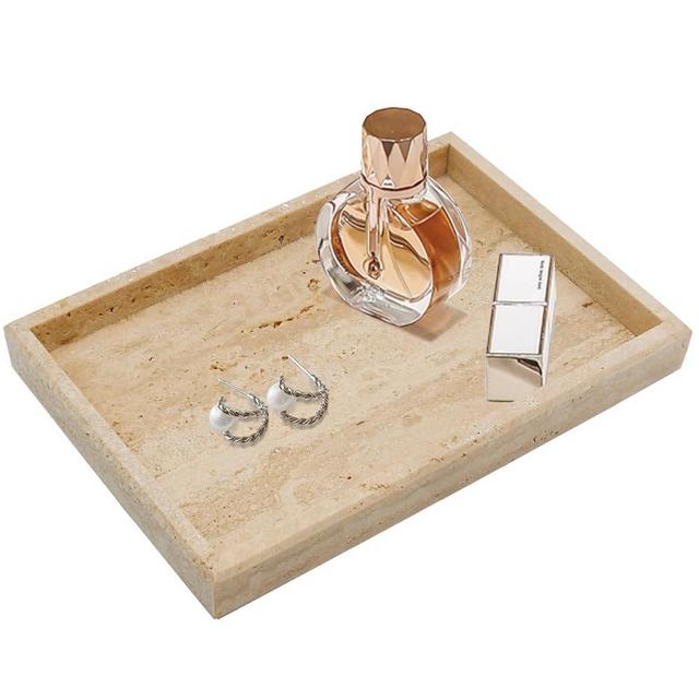 Zilukar Real Natural Travertine Tray for Bathroom, Vanity, Kitchen and Desktop, Rectangle Genuine Travertine Stone Tray for Jewelry, Cosmetics, Candles, Lotion, Perfume and Home Decor