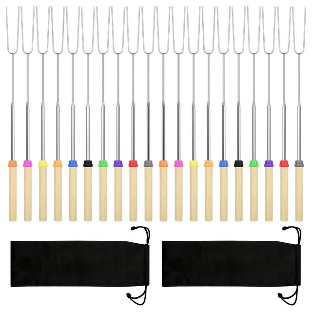 20 Pack Smores Sticks, 32 Inch Marshmallow Roasting Sticks for Fire Pit, Extendable Roasting Skewers with Bag, Hot Dog Fork, Smores Kit for Campfire Camping Essentials