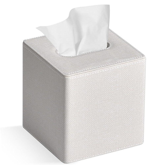 GOLRANLYE Tissue Box Cover Square PU Leather Facial Tissue Box Holder for Dresser Bathroom Decor (Linen Beige)