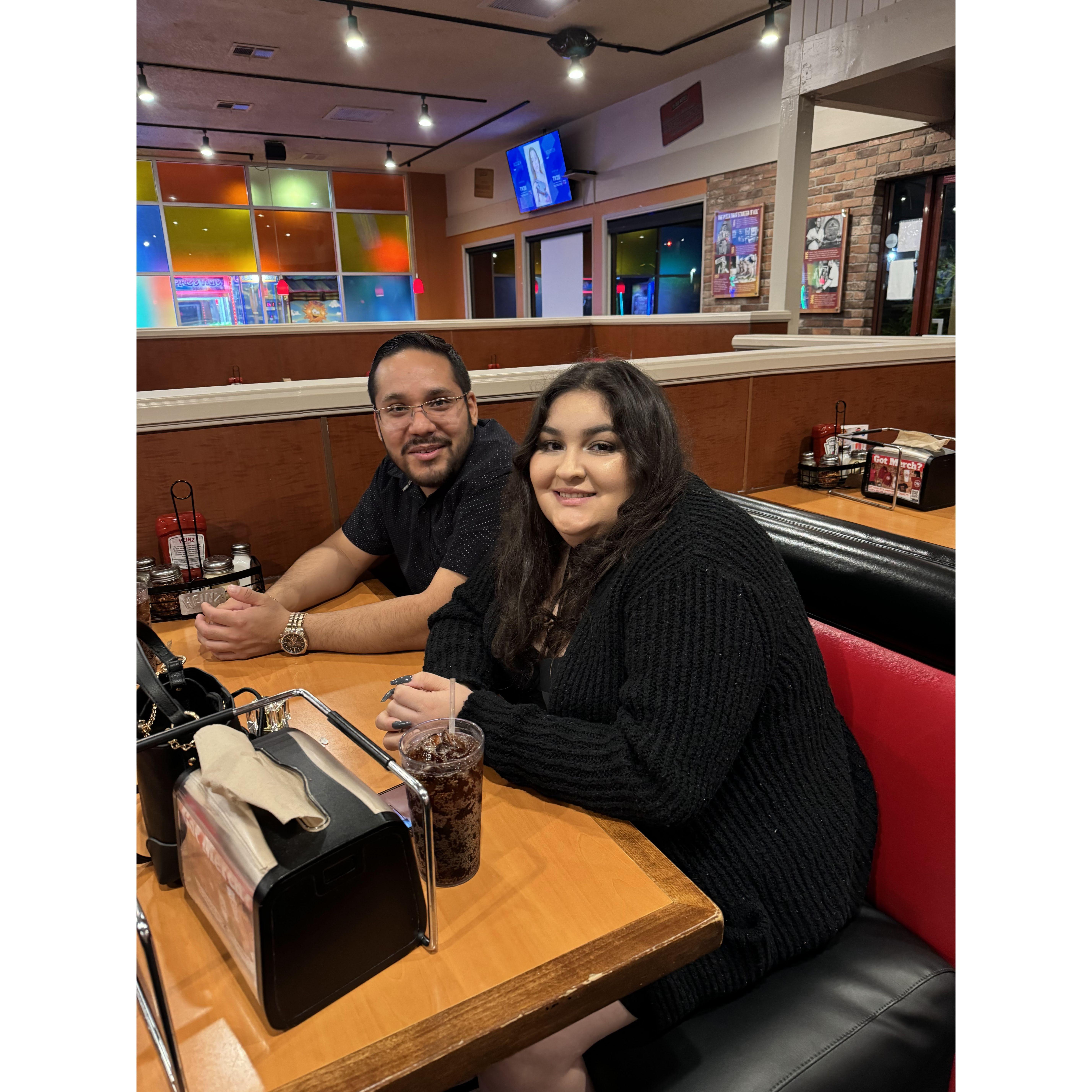 Siting in our booth at Shakey's in California