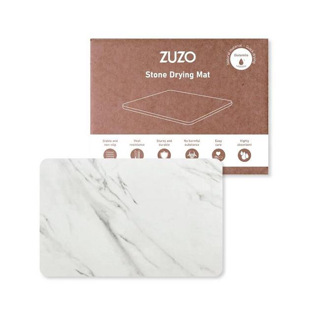 ZUZO Stone Dish Drying Mat - Stone Drying Mat For Kitchen Counter, Diatomaceous Earth Dish Drying Mat, Heat Resistant, Quick Drying, Eco-Friendly, Non-Slip [White Marble 16x12'']