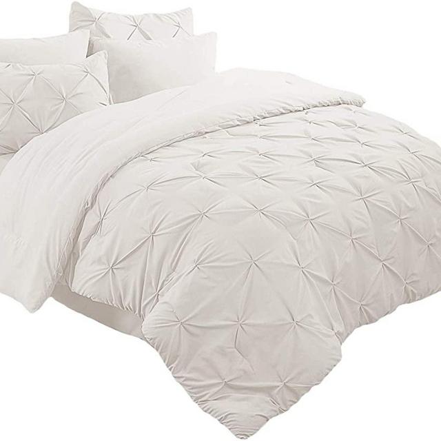 Bedsure 8 Pieces Pinch Pleat Down Alternative Comforter Set King Size (102X90 inches) Solid Off-White Bed in A Bag (Comforter, 2 Pillow Shams, Flat Sheet, Fitted Sheet, Bed Skirt, 2 Pillowcases)