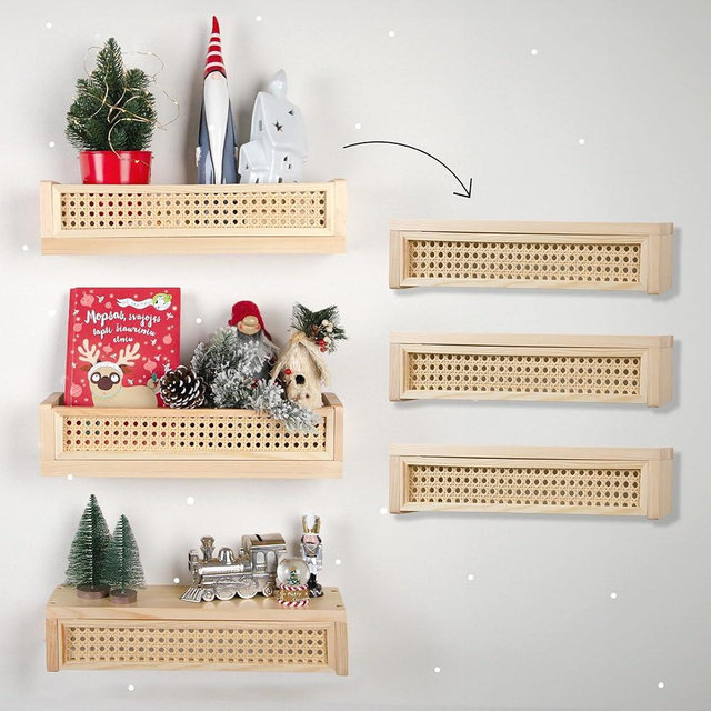Rattan Floating Shelf 16 Inch, Set of 3, Nursery Shelves for Wall Decor in Boho Style, Wall Shelf for Kids, Baby Bookcase for Nursery, Floating Book Shelves for Playroom, Wicker Wall Shelf