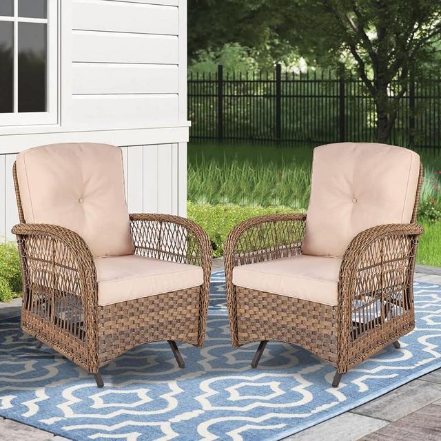 MEETWARM Patio Wicker Rocking Glider Set, All-Weather Outdoor Rattan Patio Rocking Chairs of 2, Patio Conversation Set with Thickened Cushions for Porch Garden & Backyard, Brown