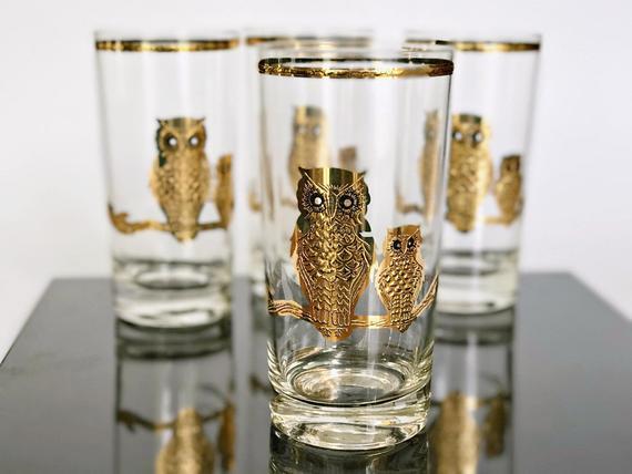 4 Vintage Culver Highball Bar Glasses Gold Owl Tumblers Mid Century Barware Gift Set