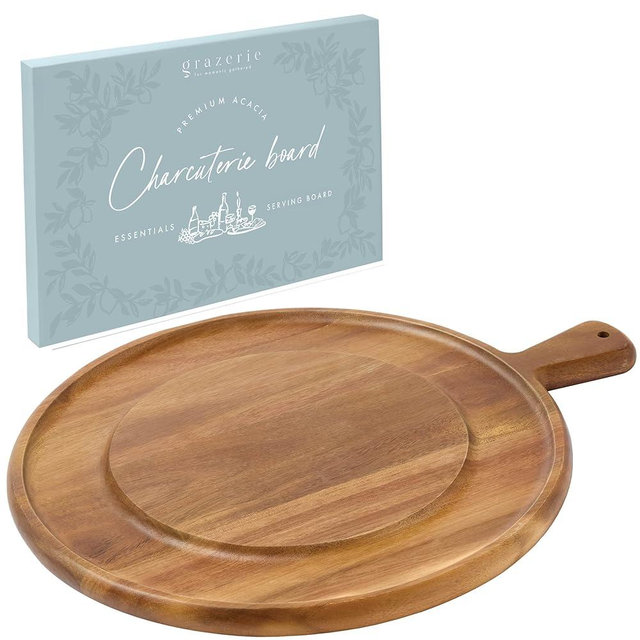 Grazerie Charcuterie Board - Acacia Round Serving Board with Handle and Fruit Nut Cracker Channel - Kitchen Essential for Entertaining, House Warming Gift, Wedding Gift
