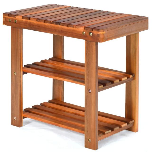 PATIOJOY Shoe Rack Bench, 3-Tier Shoe Organizer, Storage Shelf Seat, Made of Sturdy Acacia Wood, Wide Application, Idea for Entryway, Hallway, Living Room, Bathroom, Teak Color (19-inch)